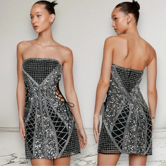 NEW NASTY GAL Bandeau Sequin Lace Up Cut Out Mini Dress Size 8 - Picture 1 of 12